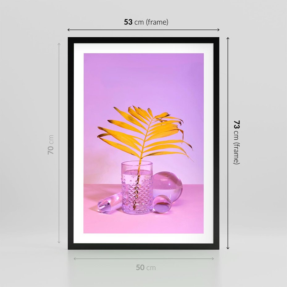 Plakat w ramie 50x70 - Neonowy Liść Palmy na Fotografii - neonowa fotografia, liść palmy w szklance - rama czarna