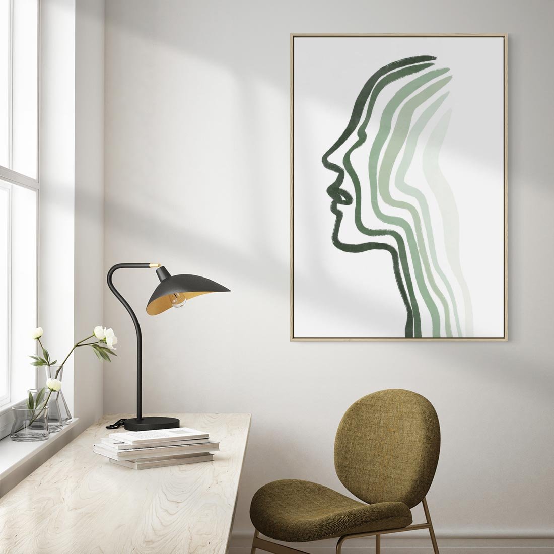 Obraz w ramie 80x120 - Zielony Profil - abstrakcja, zielony portret z profilu - rama drewno