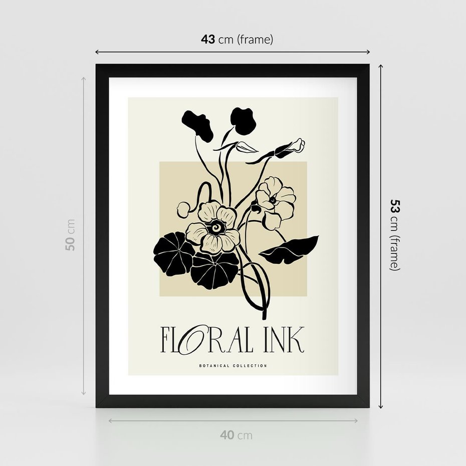 Plakat w ramie 40x50 - Podróż linii kwiatowego czasu - kwiaty, typografia - rama czarna