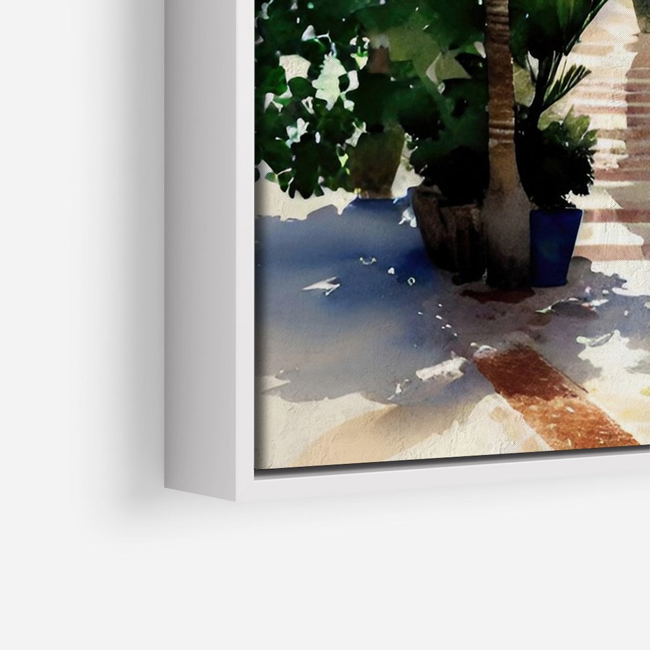 Obraz w ramie 50x70 - Spokój Miasta nad Morzem - akwarela, sródziemnomorski klimat - rama biała