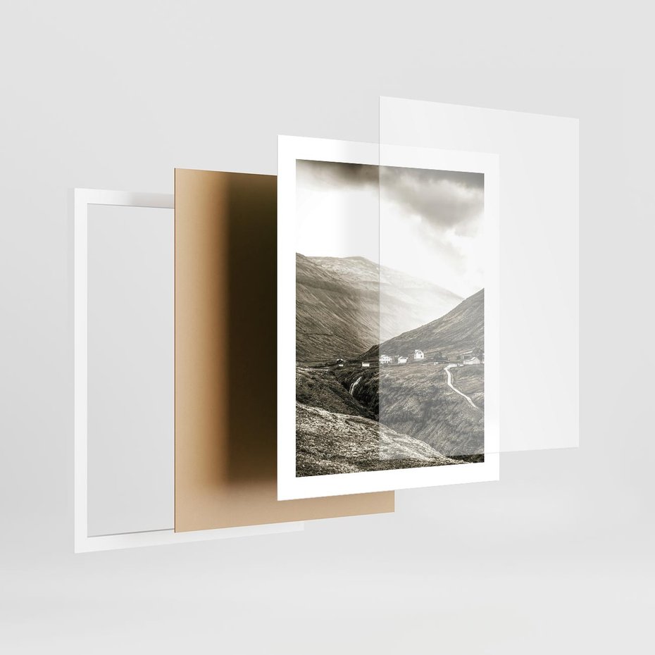 Plakat w ramie 40x50 - Domki w Górach - czarno biała fotografia, górski pejzaż - rama biała