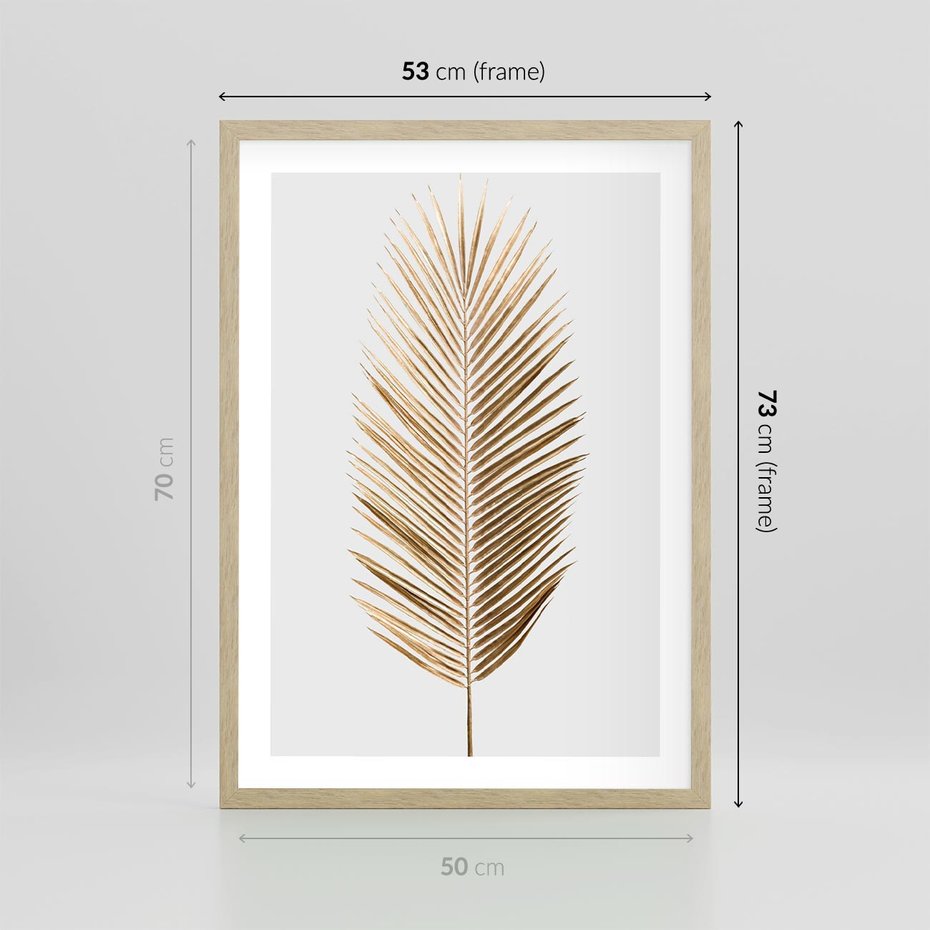 Plakat w ramie 50x70 - Złoty blask palmowego liścia - złota, palma - rama drewno