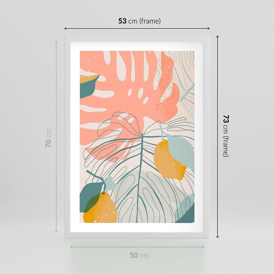 Plakat w ramie 50x70 - Sztuka Natury: Liście Monstery w Pastelach - nowoczesna grafika, pastelowe liście monstery - rama biała