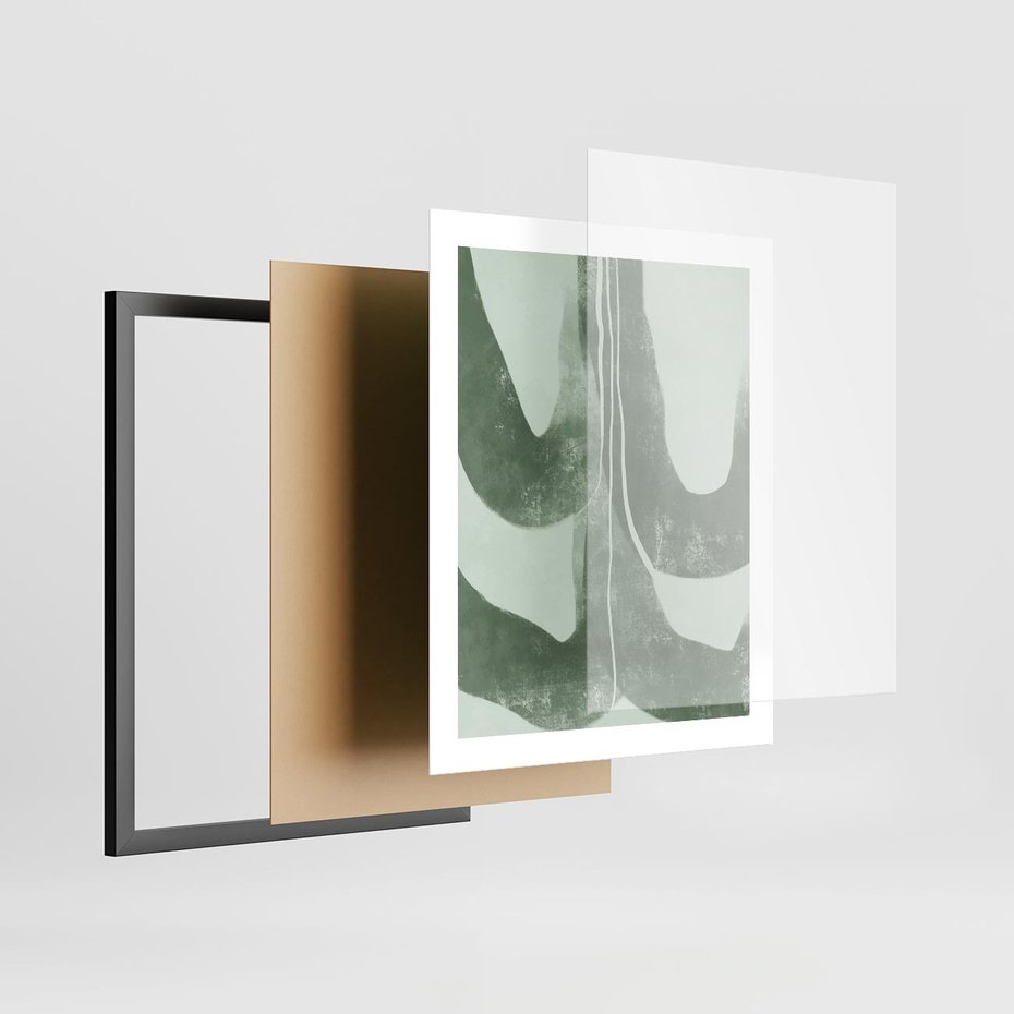 Plakat w ramie 40x50 - Nurtująca Kompozycja Zieleni - abstrakcyjne delikatne zielone linie, podobne do gałęzi kwiatów - rama czarna