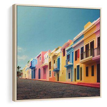 Obraz w ramie 80x80 - Ekspresja marzeń i tęsknot - pastelowe kolorowe budynki, wzdłuż ulicy - rama drewno