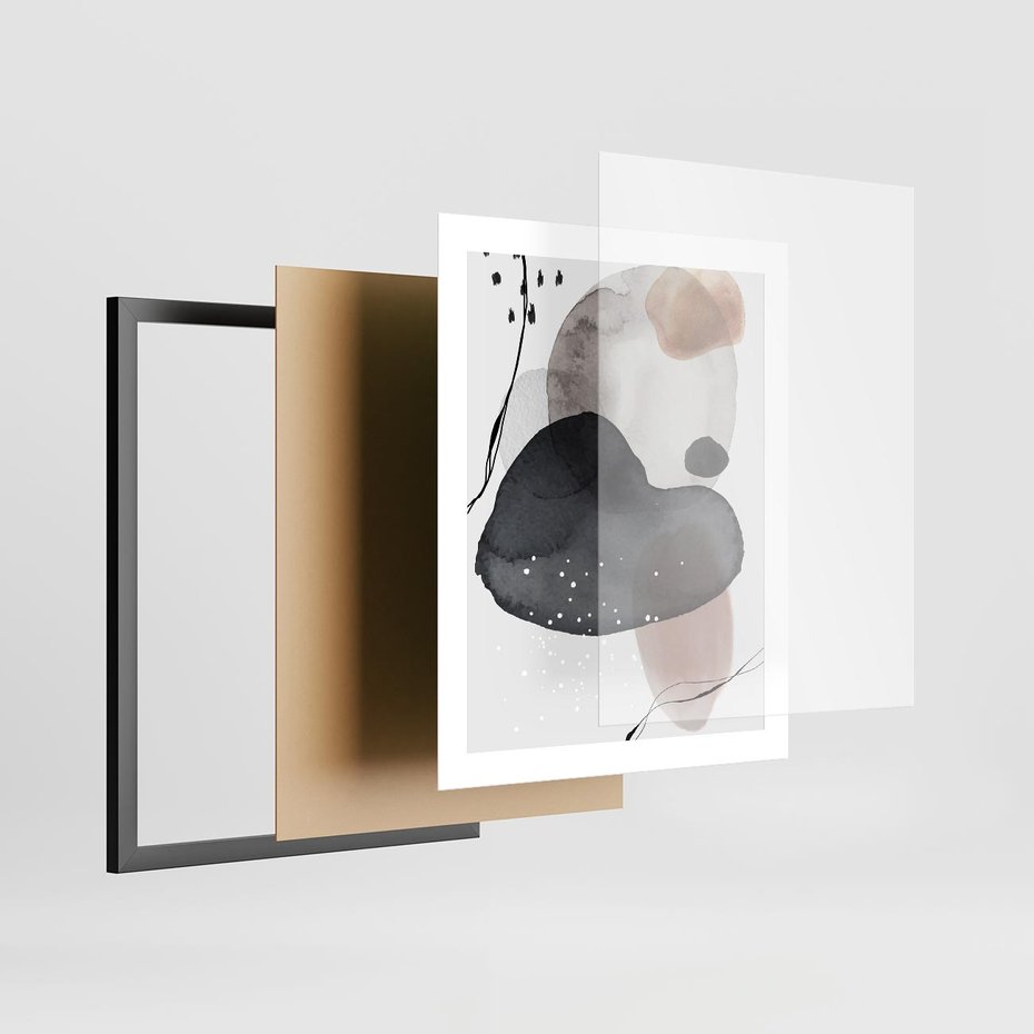 Plakat w ramie 40x50 - Impresje Harmonii - abstrakcyjne plamy akwarelowe, czarny szkic - rama czarna
