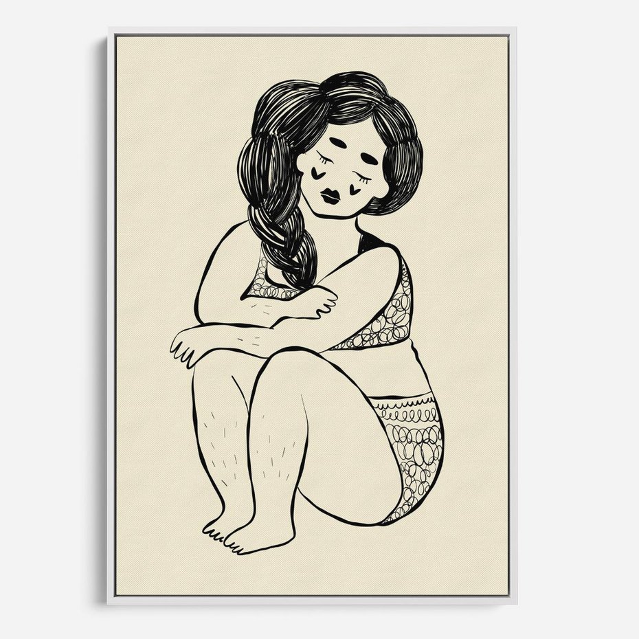 Obraz w ramie 70x100 - Migotliwe Refleksje - nowoczesny minimalistyczny rysunek, dziewczyna w bieliźnie - rama biała