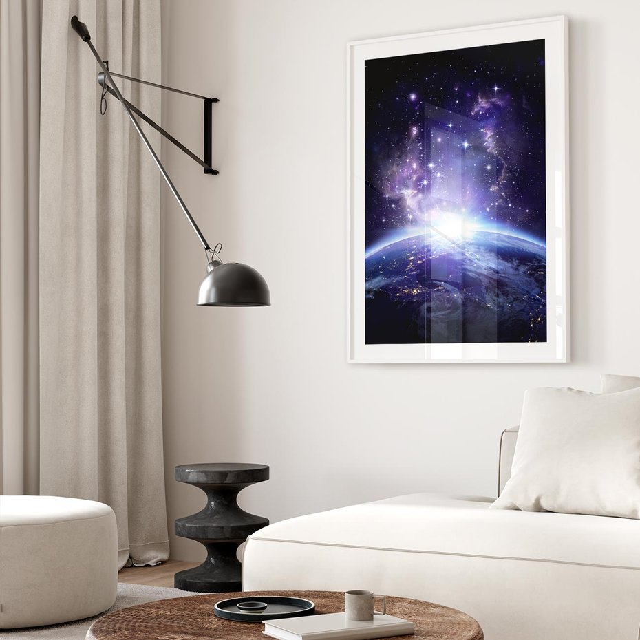 Plakat w ramie 50x70 - Podróż w kosmiczną przestrzeń - kosmos, ziemia - rama biała