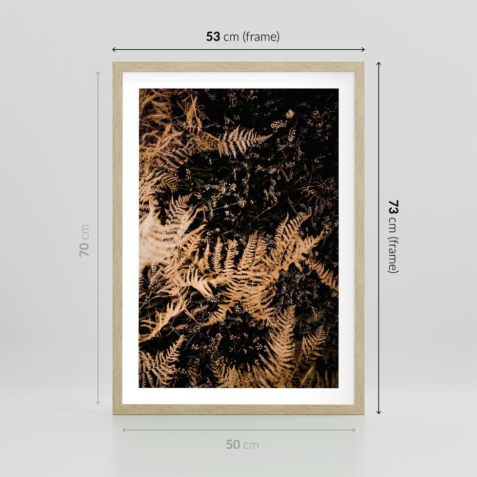 Plakat w ramie 50x70 - Jesienne Paprocie: Kolorowa Paleta Natury - paprocie, jesień - rama drewno