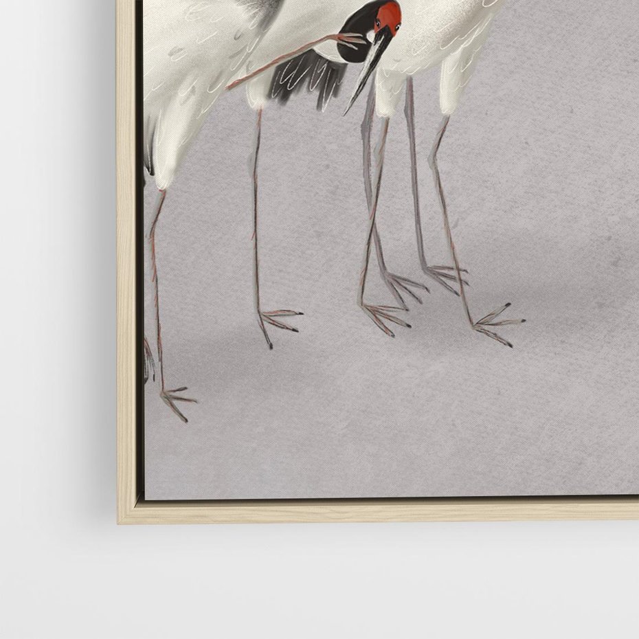 Obraz w ramie 80x80 - Spojrzenie wstecz w pędzlu - szkic rysunek, japońskie żurawie - rama drewno