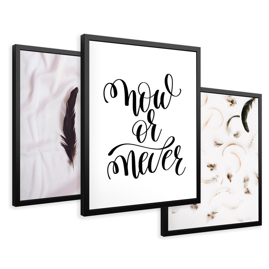 Zestaw obrazy w ramie 40x50 galeria - Cytat, motywacyjny, pióra, boho - rama czarna