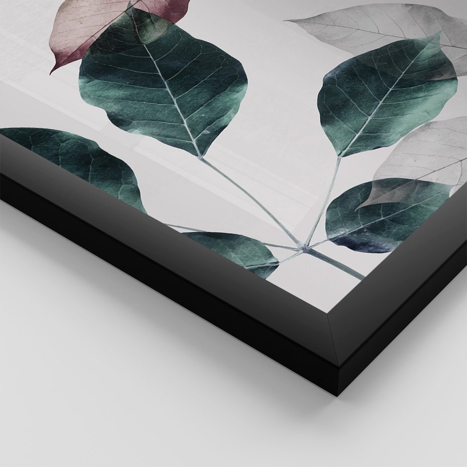 Zestaw obrazy w ramie 50x70 galeria - Liście, srebrne, złote, minimalizm - rama czarna