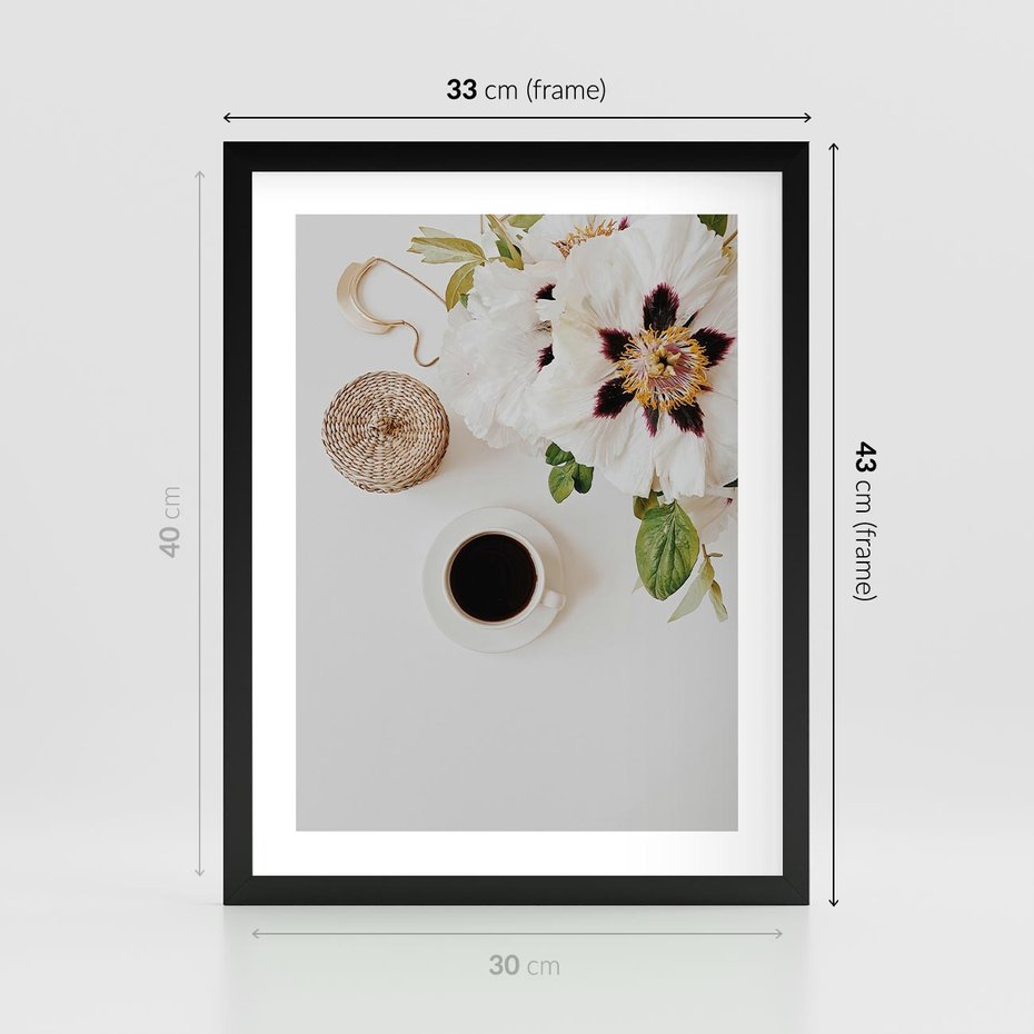 Plakat w ramie 30x40 - Bukiet Kwiatów i Kawa na Stole - fotografia, na stole bukiet - rama czarna