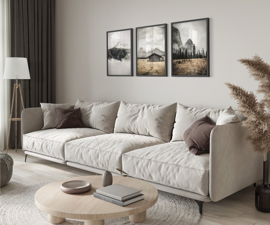 Zestaw obrazy w ramie 40x50 galeria - Rustykalna, chata, góry, mgły - rama czarna