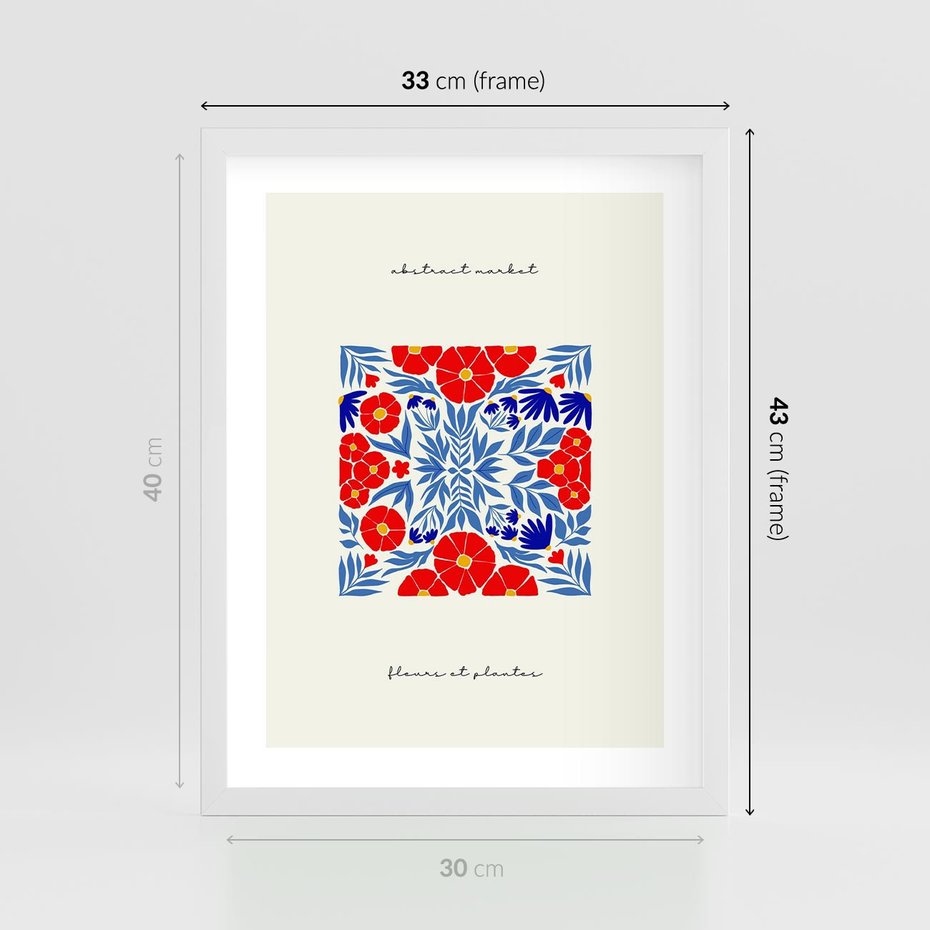 Plakat w ramie 30x40 - Tajemnicza Droga - nowoczesna kwiatowa kompozycja, czerwony i niebieski - rama biała