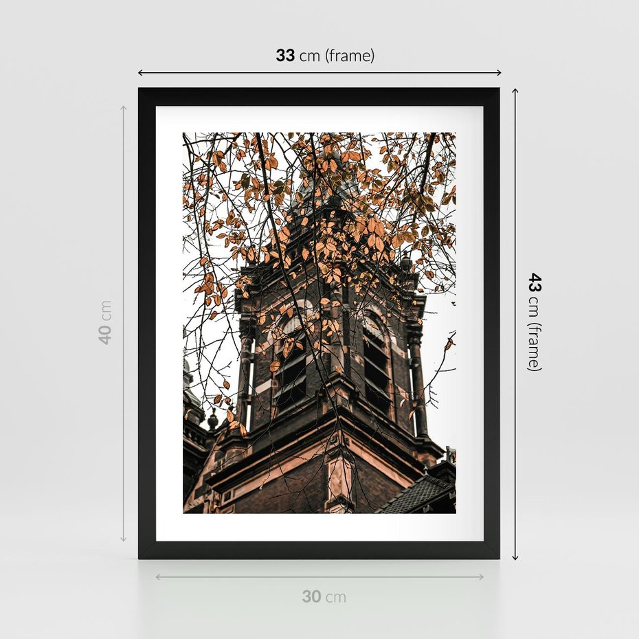 Plakat w ramie 30x40 - Jesienna Wieża w Liściach - architektura, wieża - rama czarna