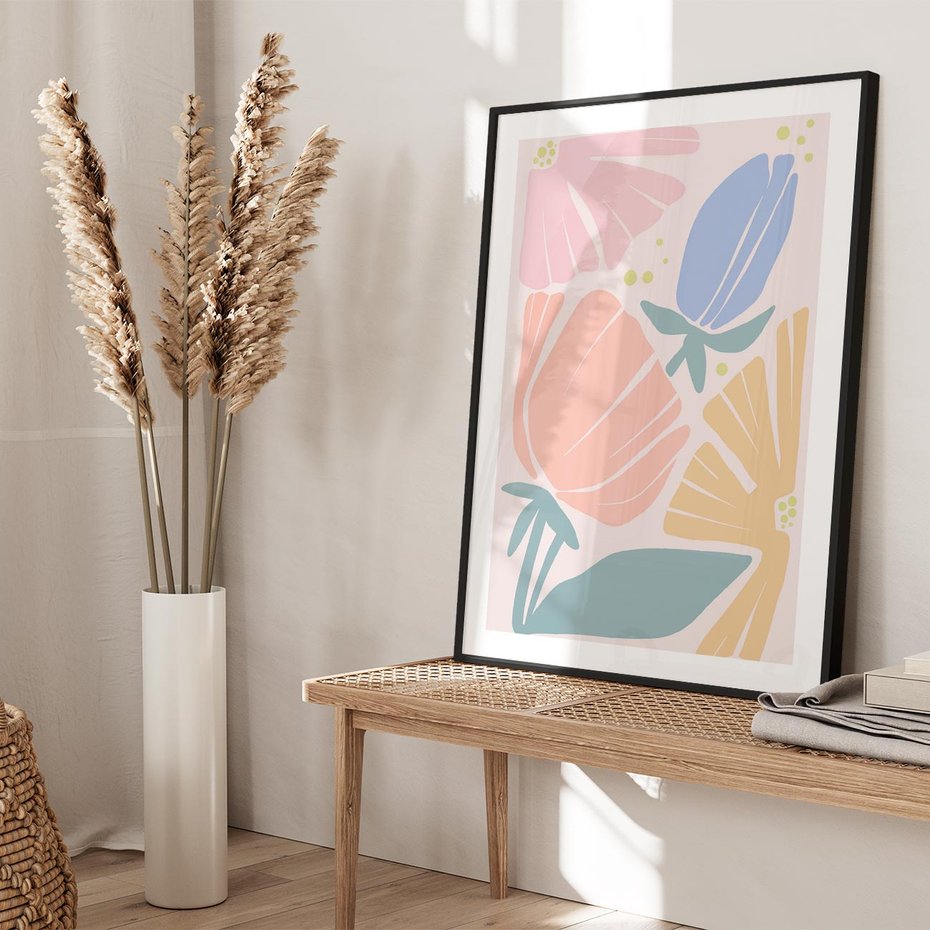 Plakat bez ramy 21x30 - Rozkwitające Harmonie Natury - pastelowe kwiaty, na beżowym tle