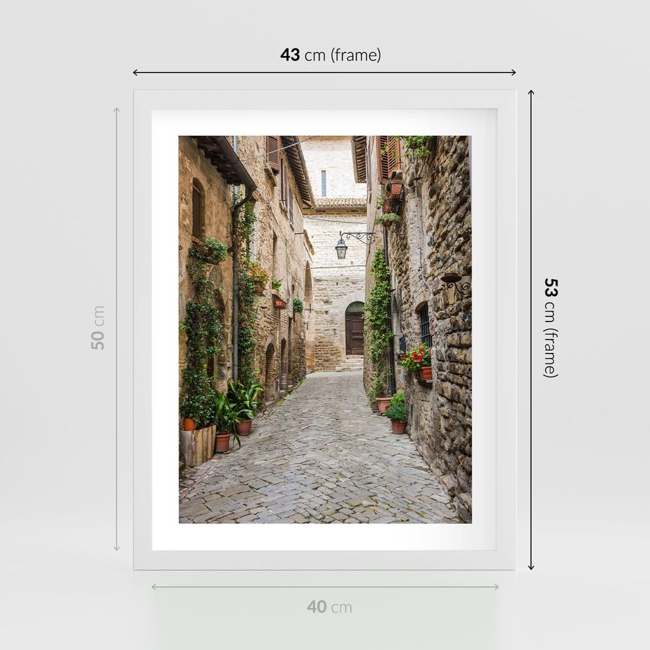 Plakat w ramie 40x50 - Urok Uliczki we Włoszech - uliczka, Włochy - rama biała