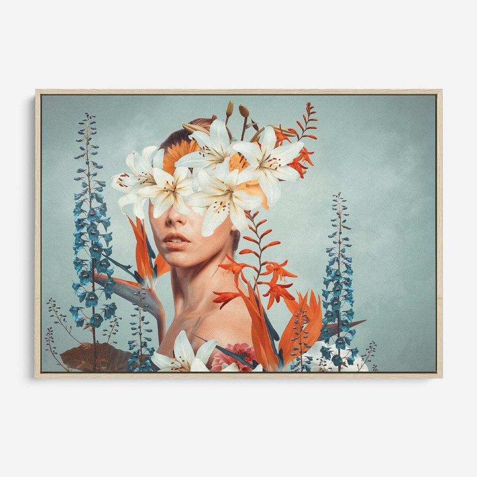 Obraz w ramie 70x50 - Kwiatowa Enklawa Uroku - kolaż, nierealna kompozycja - rama drewno