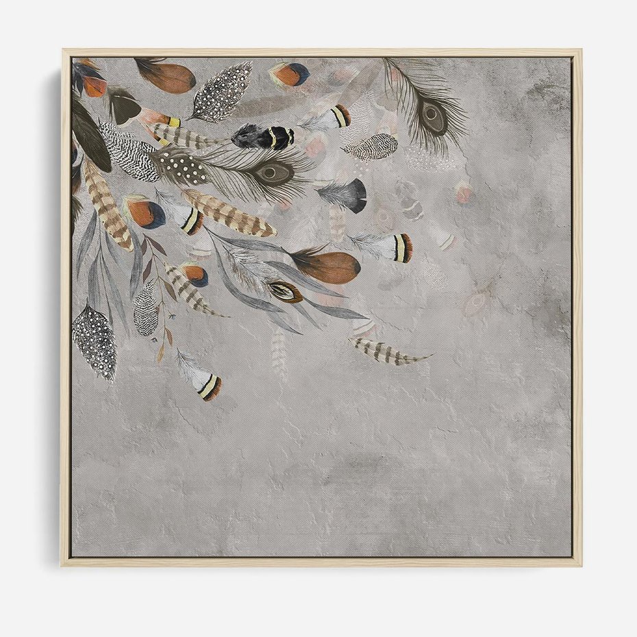 Obraz w ramie 80x80 - Sploty losu na płótnie - kompozycja boho piór, indiańskie pióra - rama drewno