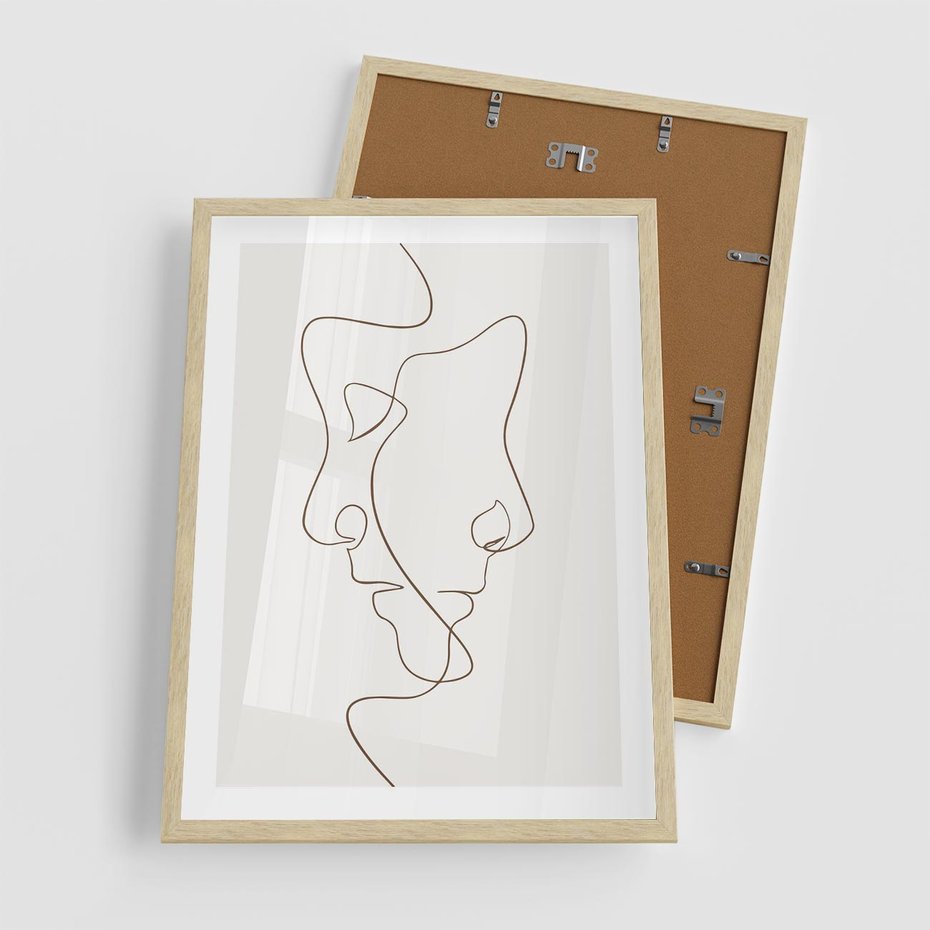 Plakat w ramie 50x70 - Jedna Linia, Dwie Twarze - minimalistyczny plakat, dwie twarze - rama drewno