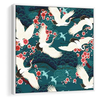 Obraz w ramie 50x50 - Żurawie Wachlarze - orientalne japońskie żurawie, grafika - rama biała