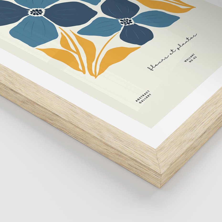 Plakat w ramie 30x40 - Błękitne Nowości - niebieskie kwiaty, nowoczesna sztuka - rama drewno