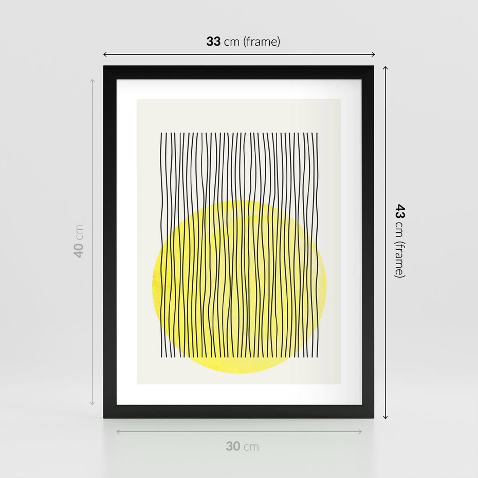 Plakat w ramie 30x40 - Ciepłe Przenikanie - geometria, żółte koło - rama czarna