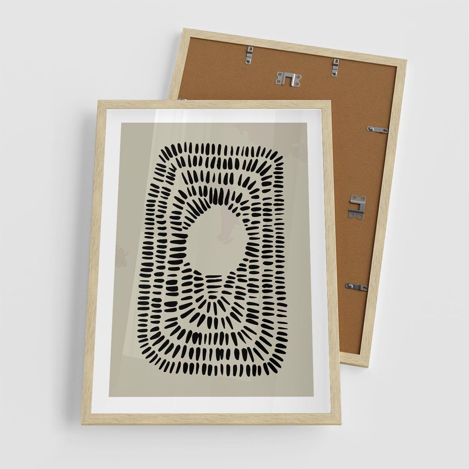 Plakat w ramie 50x70 - Zaklęte Wnętrza - boho plakat, czarne kropki kreski - rama drewno