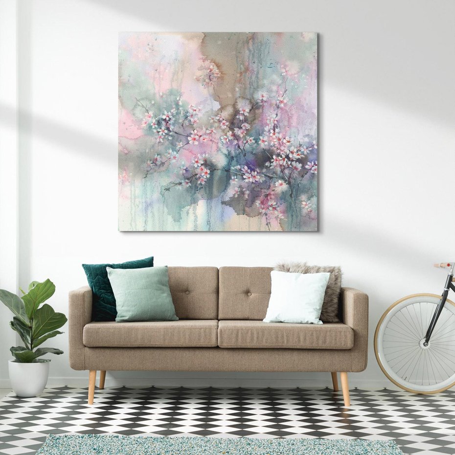 Obraz na płótnie 70x70 - Efemeryczne Kwitnienie Drzew - akwarela, rozmyte pastelowe tłó