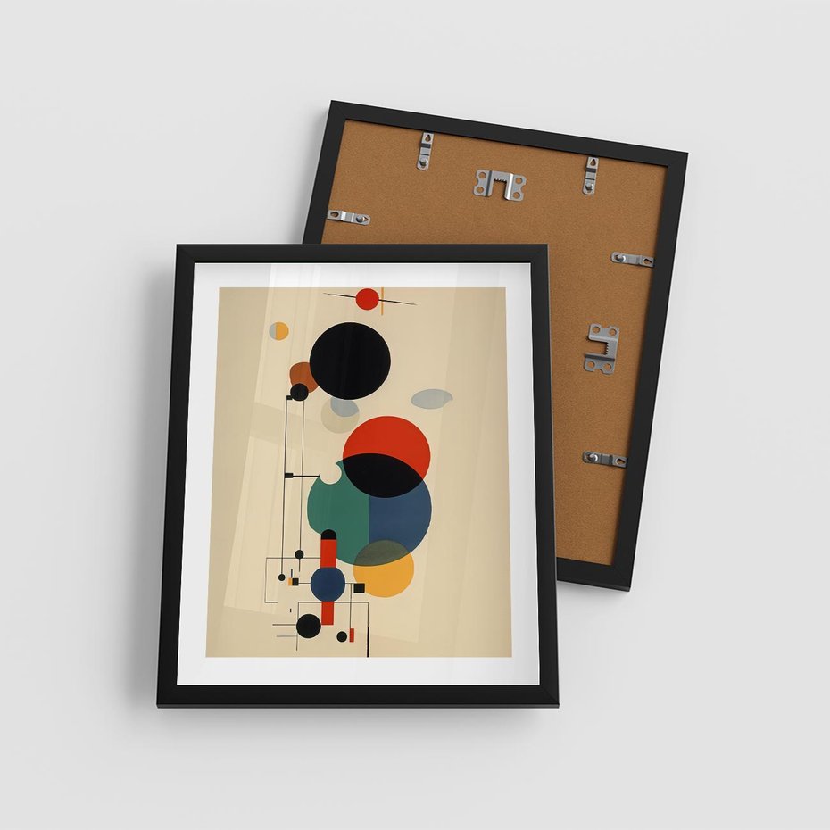 Plakat w ramie 40x50 - Migocące Impresje Odniesień - abstrakcyjna geometryczna kompozycja, koła linie - rama czarna