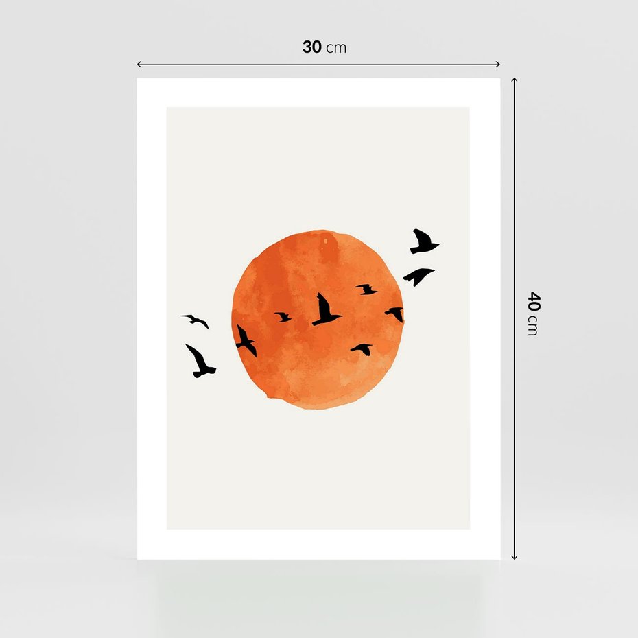 Plakat bez ramy 30x40 - Zachód Słońca i Ptaki - grafika akwarela, czarne ptaki na tle zachodu słońca