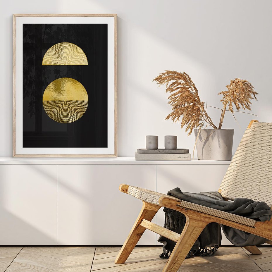 Plakat w ramie 40x50 - Migotliwe Przeniknięcia - złote koła, czarne tło - rama drewno