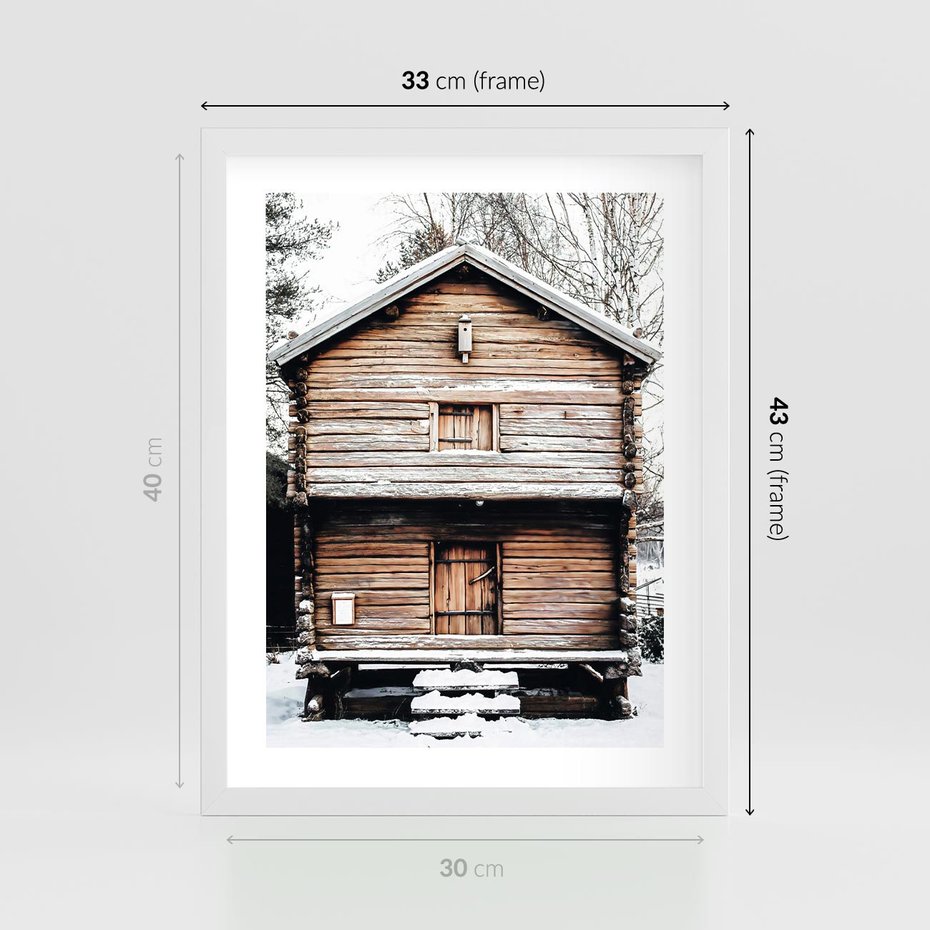 Plakat w ramie 30x40 - Śnieżny Ustronny Raj - domek w górach, śnieg - rama biała