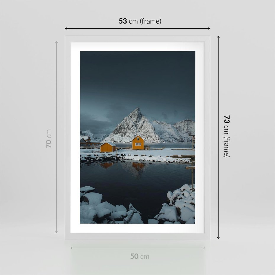 Plakat w ramie 50x70 - Minimalizm i Urok Natury - skandynawskie, domki - rama biała