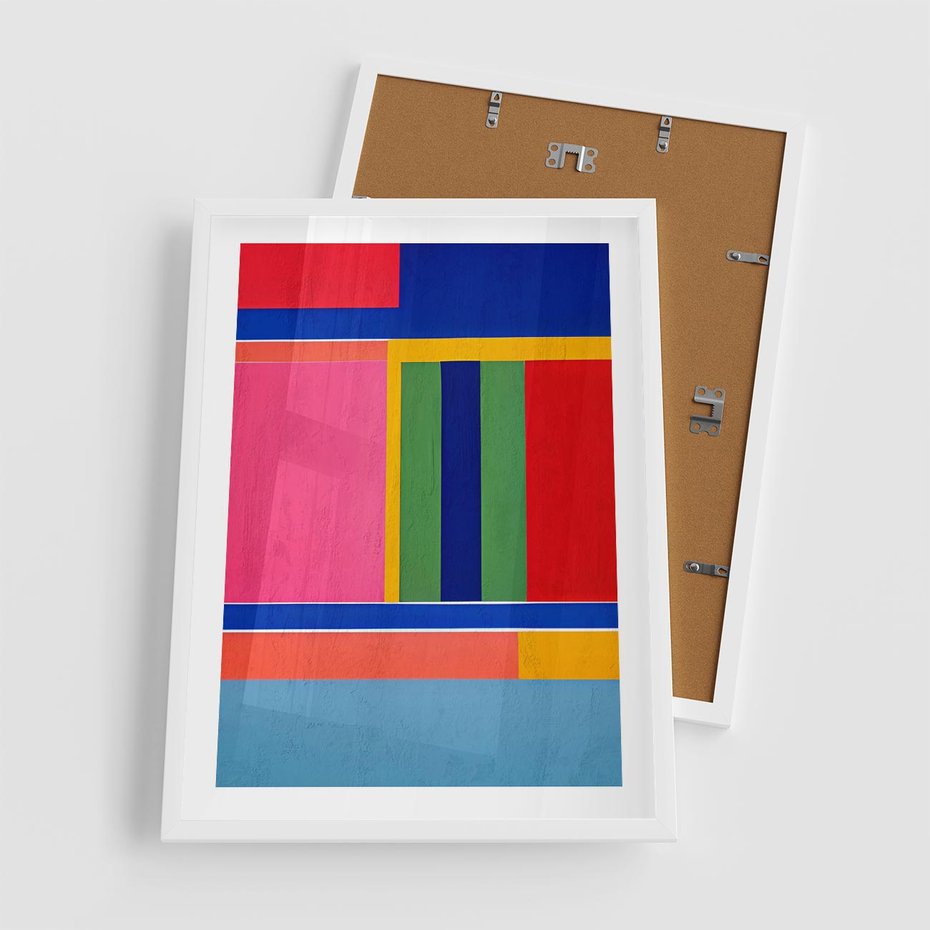 Plakat w ramie 50x70 - Wnętrza Rozplątanych Barw - abstrakcyjny geometryczny obraz olejny, kolorowe pasy - rama biała