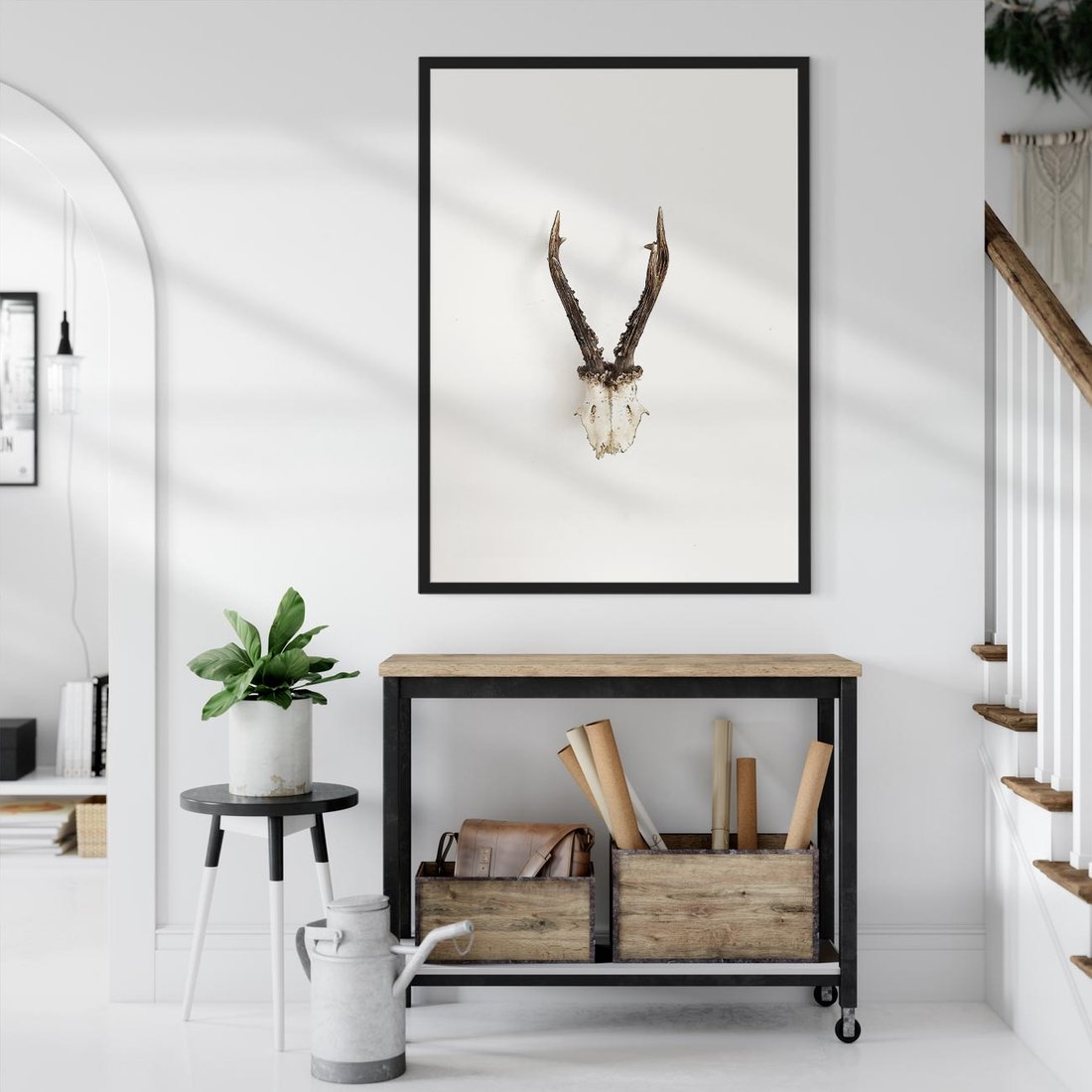 Plakat w ramie 50x70 - Minimalistyczne Poroże Jelenia - poroże jelenia na ścianie, minimalizm - rama czarna