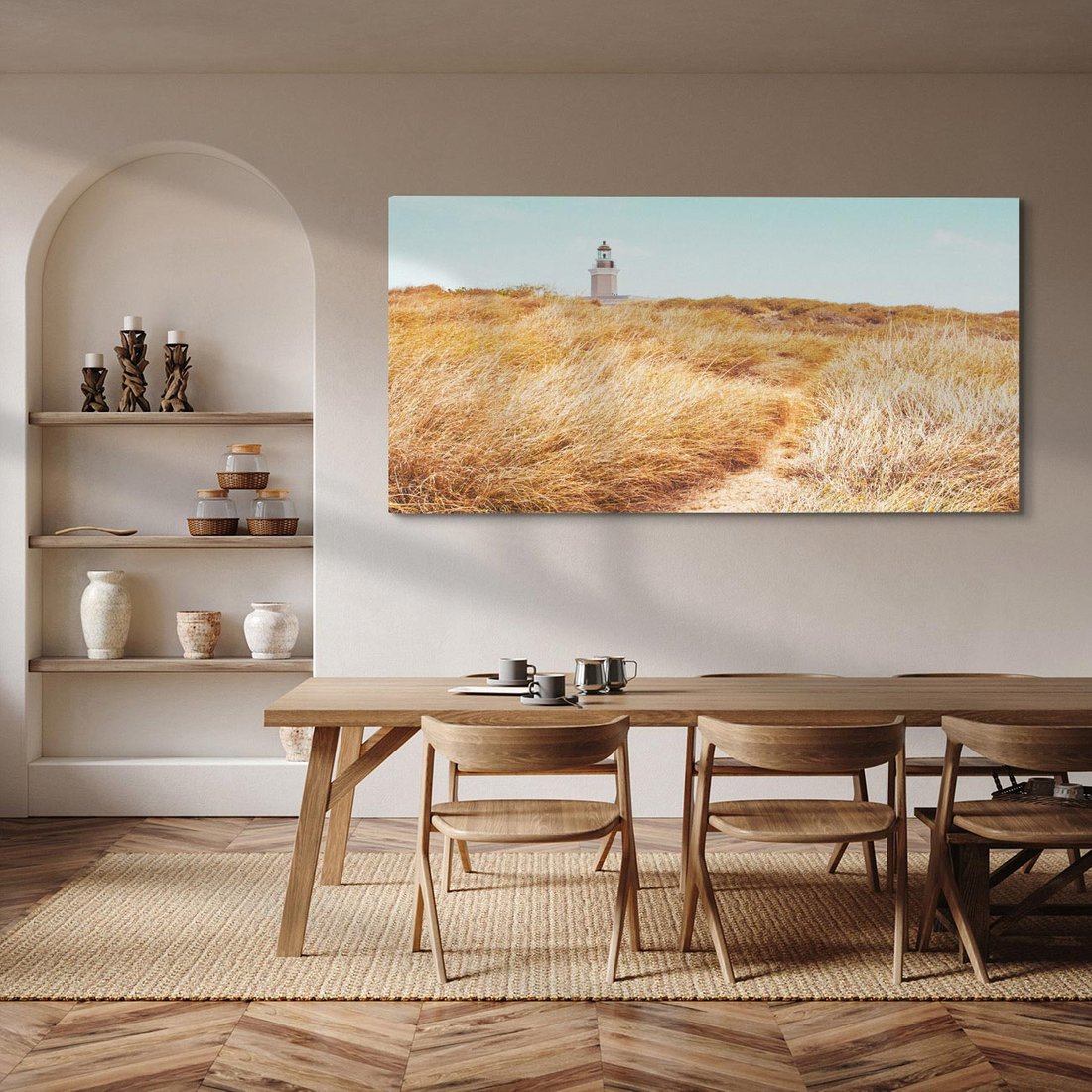 Obraz na płótnie 120x60 - Tajemnicza Ścieżka - latarnia morska w oddali, suche trawy