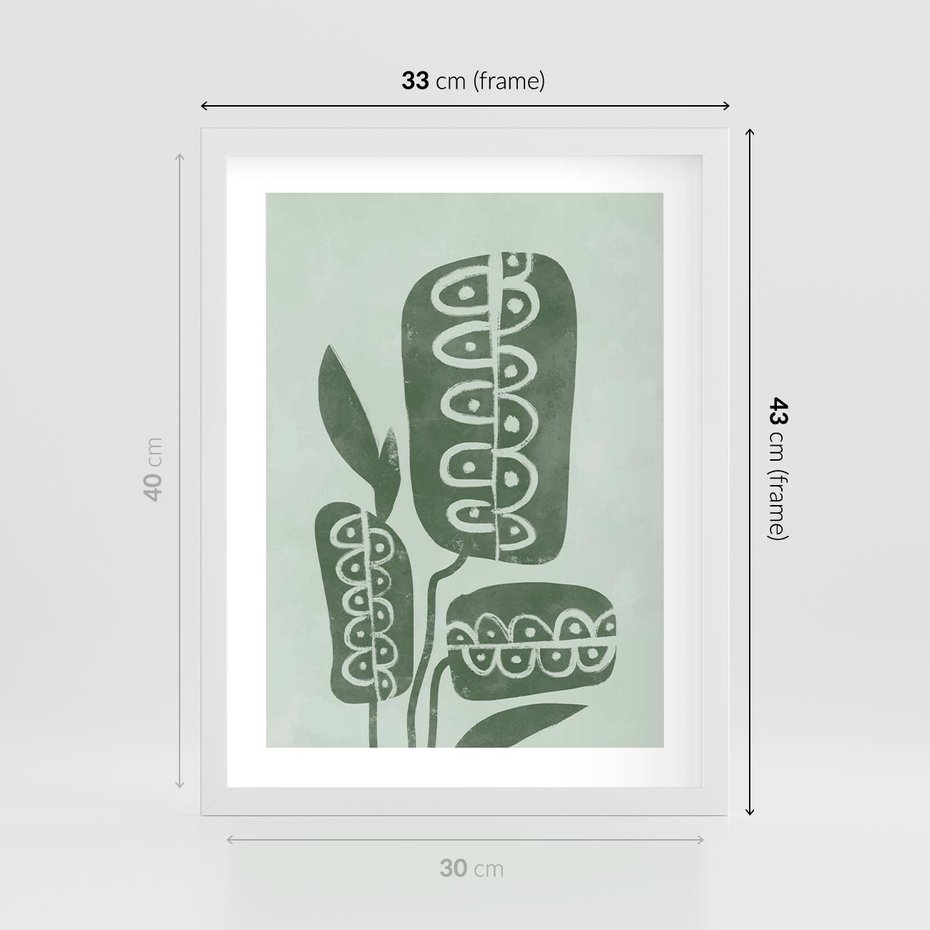 Plakat w ramie 30x40 - Nurtująca Zieleń - abstrakcyjny zielony motyw, skandynawski design - rama biała