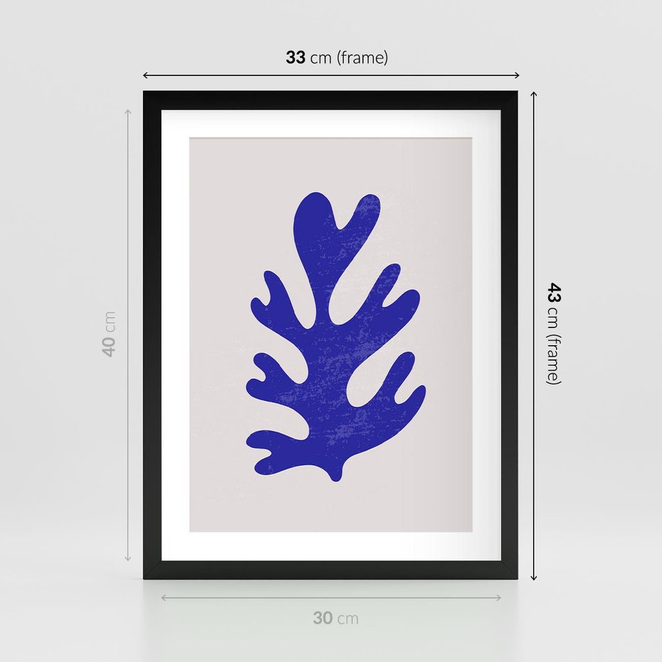 Plakat w ramie 30x40 - Przenikająca Struktura - boho plakat, niebieski liść w intensywnym kolorze - rama czarna