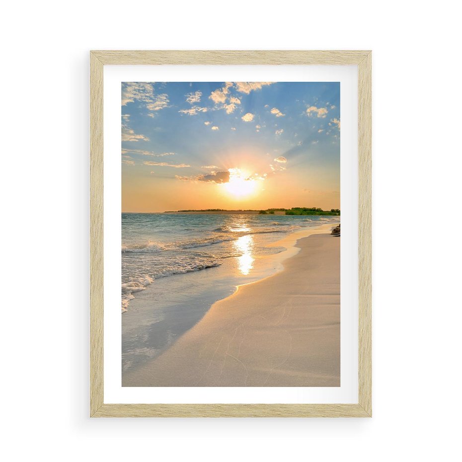 Plakat w ramie 50x70 - Zachód słońca na plaży - plaża, zachód - rama drewno