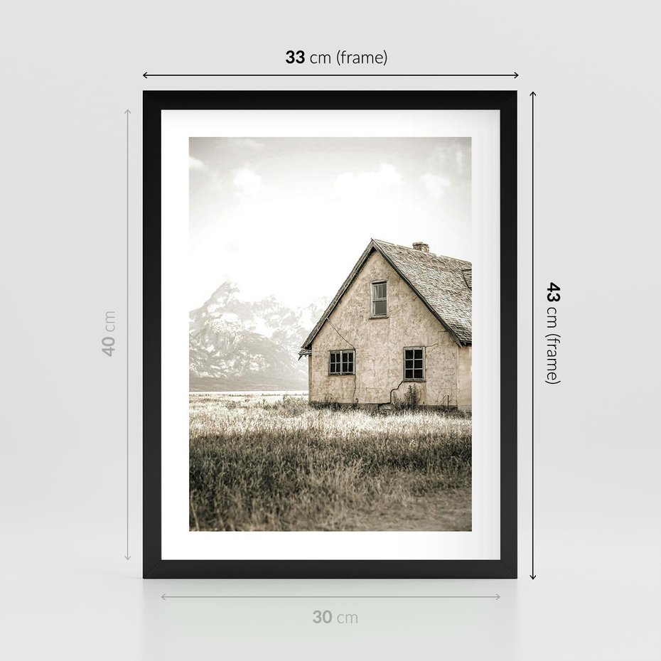 Plakat w ramie 30x40 - Ciepła Atmosfera - dom, stary dom w górach - rama czarna