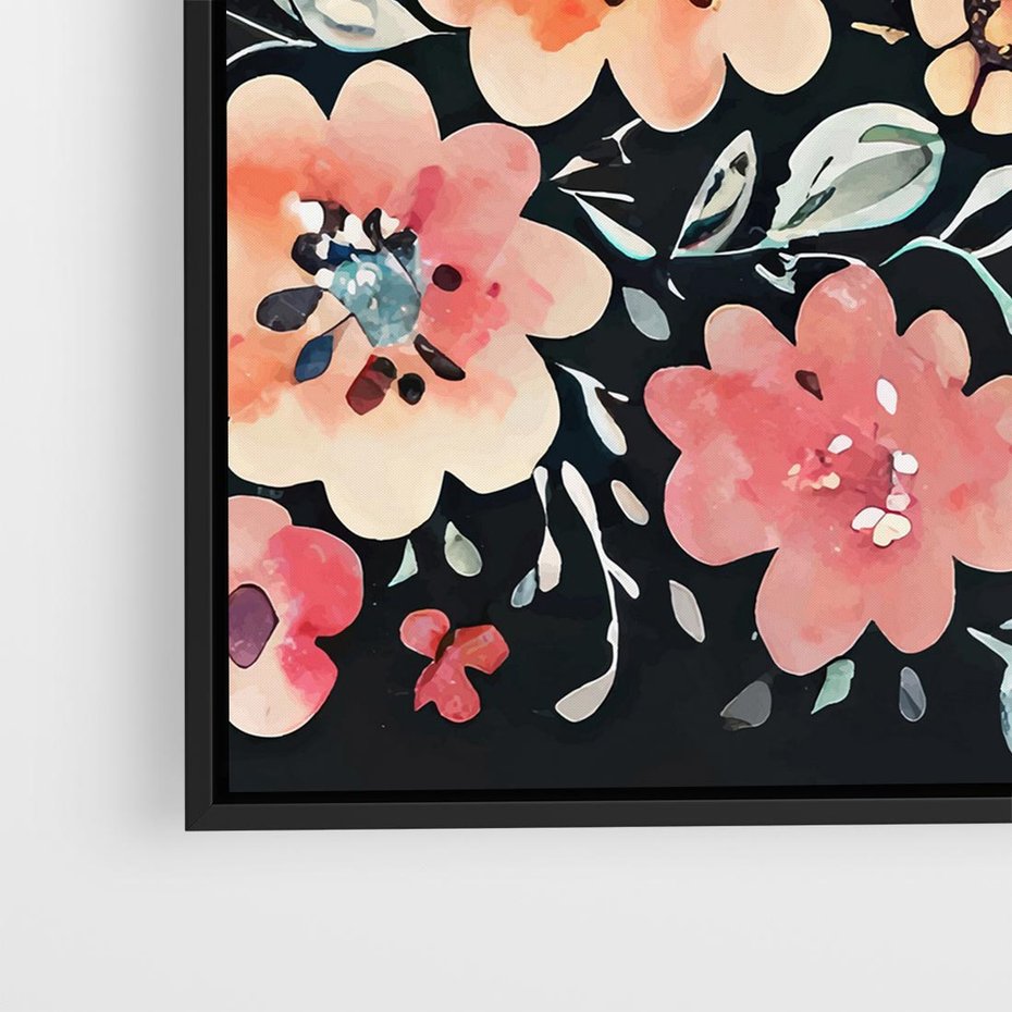 Obraz w ramie 50x50 - Labirynty melancholii - akwarelowe, pastelowe kwiaty na czarnym tle - rama czarna