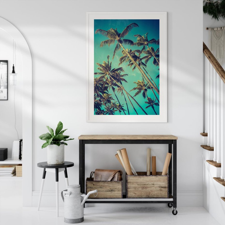 Plakat bez ramy 21x30 - Tropikalne palmy w krainie słonecznych wakacji - palmy, tropiki