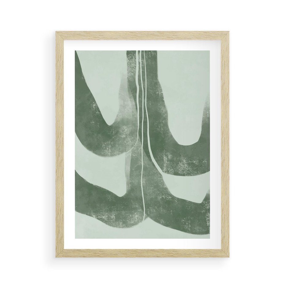 Plakat w ramie 50x70 - Nurtująca Kompozycja Zieleni - abstrakcyjne delikatne zielone linie, podobne do gałęzi kwiatów - rama drewno