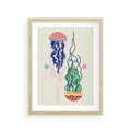 Plakat w ramie 30x40 - Morskie Pulsacje - nowoczesny optymistyczny plakat, kolorowe meduzy - rama drewno