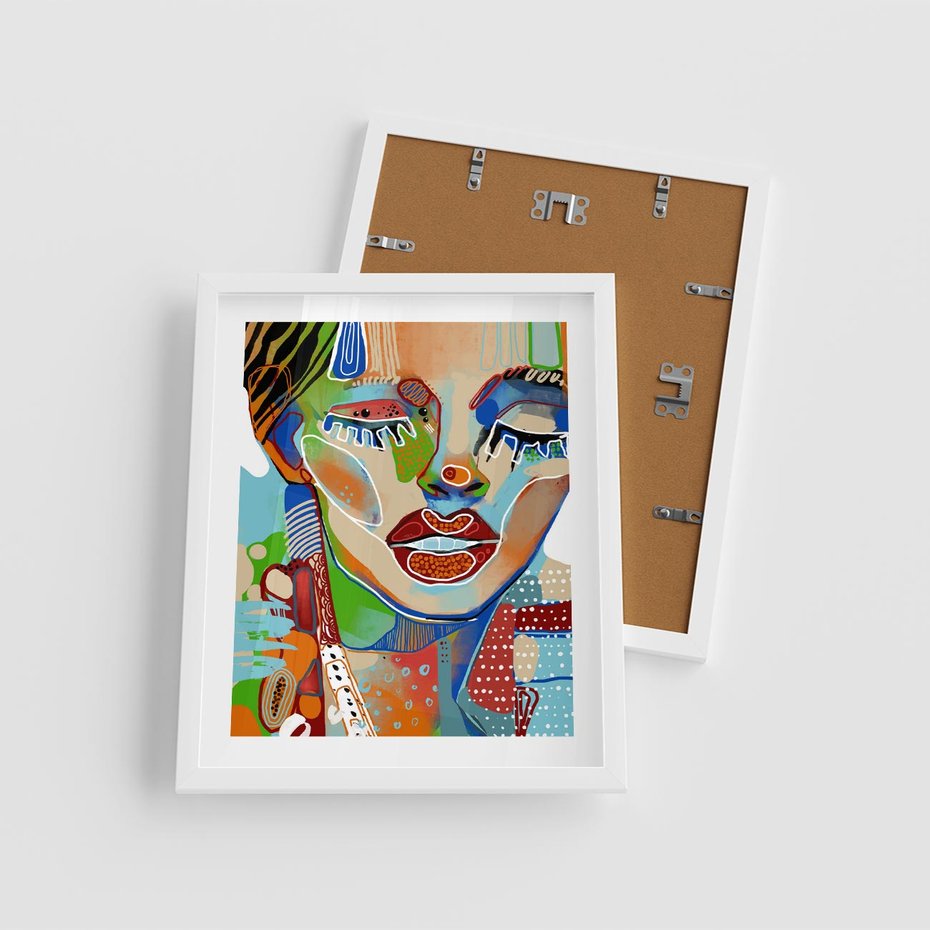 Plakat w ramie 40x50 - Kolorowe Formy - abstrakcyjny portret kobiety, twarz - rama biała