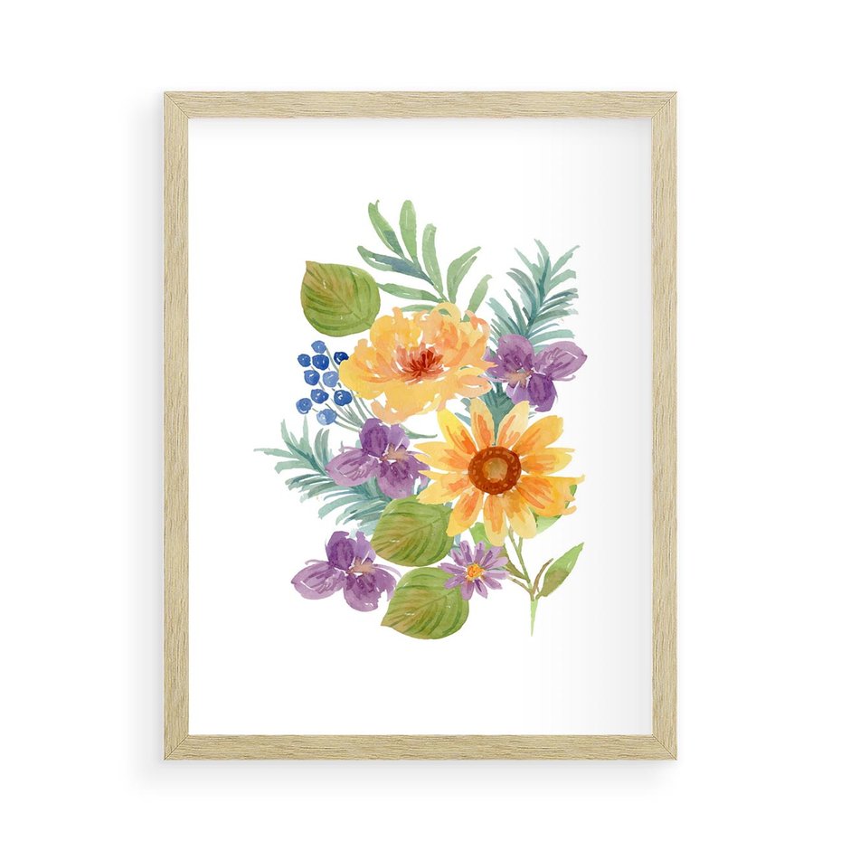 Plakat w ramie 50x70 - Kwiatowe Inspiracje - akwarelowe polne kwiaty, minimalistyczny plakat - rama drewno