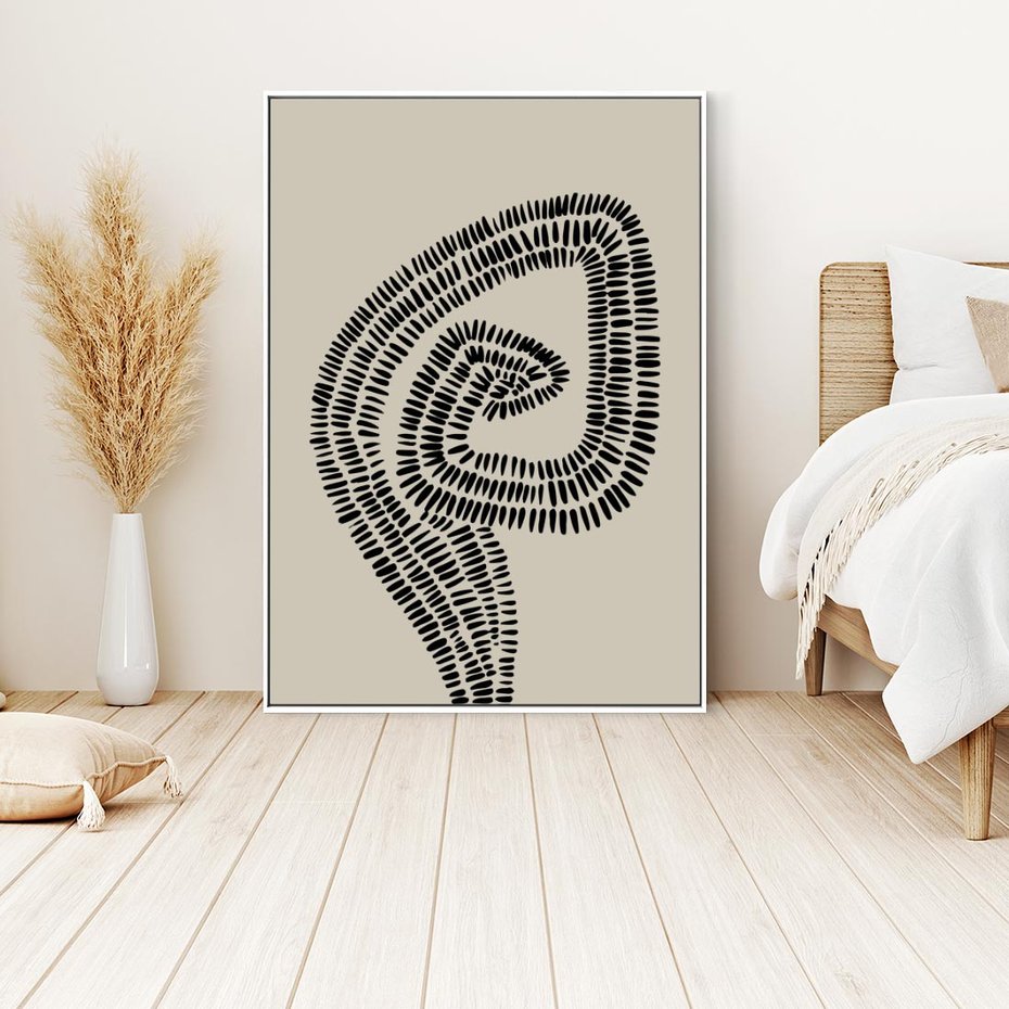 Obraz w ramie 80x120 - Nowoczesne Spektrum Wyobraźni - boho plakat, czarne kropki kreski - rama biała