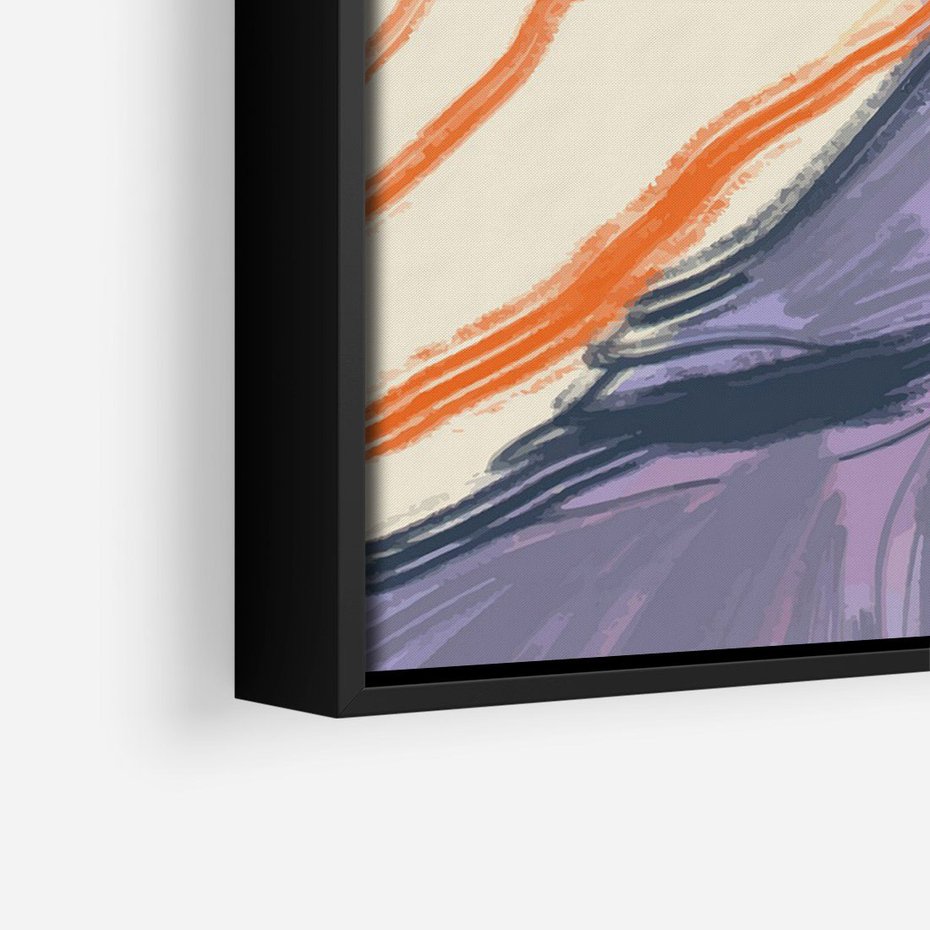 Obraz w ramie 70x100 - Pokreślony Świat - abstrakcyjne formy, odcienie pomarańczu i fioletu - rama czarna